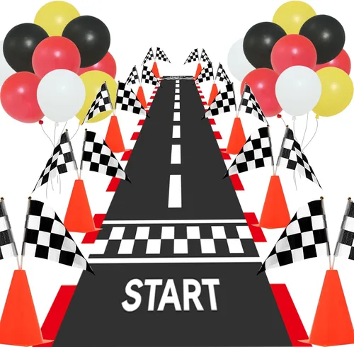 Patimate Race Car - Decoraciones para fiestas de cumpleaños, 70 unidades | Traffic Cones With Hole Checkered Flags Racetrack Floor Runner Black Red