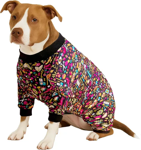 Vista 9 de LovinPet Mono grande para perros, camisas elásticas de algodón con estampado de animales, ropa completa para perros perfecta para evitar que lamen