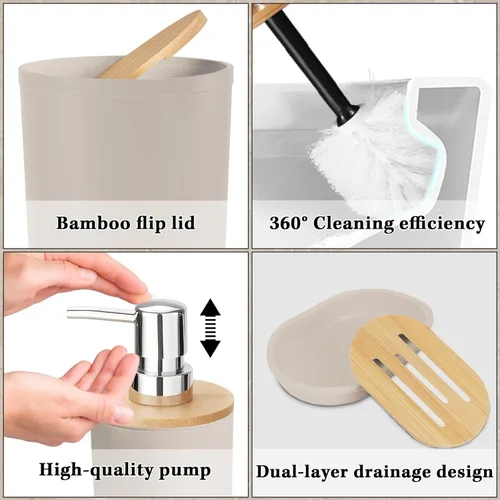 Vista 4 de Britimes juego de accesorios de baño, juego de cortinas de ducha boho con cubo de basura, dispensador de jabón, soporte para escobilla de inodoro