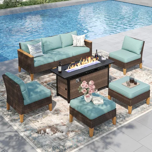 Vista 9 de PHI VILLA Otomana de mimbre para patio, 2 piezas, asiento otomano de mimbre para todo tipo de clima, reposapiés para exteriores con cojines