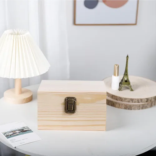 Vista 6 de Paquete de 2 cajas de madera sin terminar, caja grande de madera con tapa con bisagras, cierres frontales, cajas de madera natural