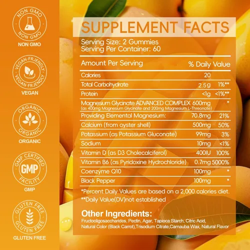 Vista 5 de Gomitas de Glicinato de Magnesio 600mg, Gomitas masticables libres de azúcar de Potasio y Magnesio con Glicinato de Magnesio, Vitamina D, B6 y CoQ10