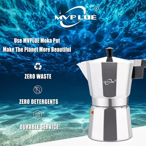 Vista 2 de Cafetera clásica para estufa, 6 tazas, olla Moka de aluminio plateado, cafetera cubana, hace un delicioso café fácilmente en casa y campamento