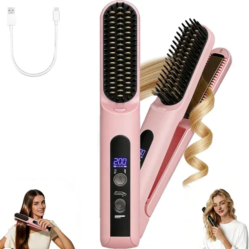 Vista 8 de Cepillo alisador de pelo inalámbrico, rizador 2 en 1, portátil, recargable, funciona con batería para viajar con 4 ajustes de temperatura, extraíble