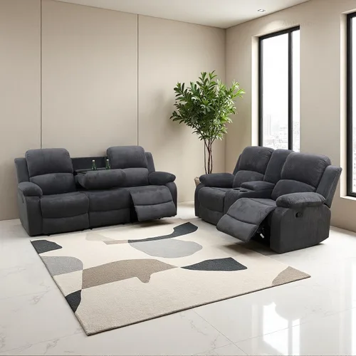 Vista 8 de Sofá reclinable manual, sofá reclinable de lujo de 3 plazas, sofá reclinable con portavasos y mesa de café, sofá de cuero sintético para sala