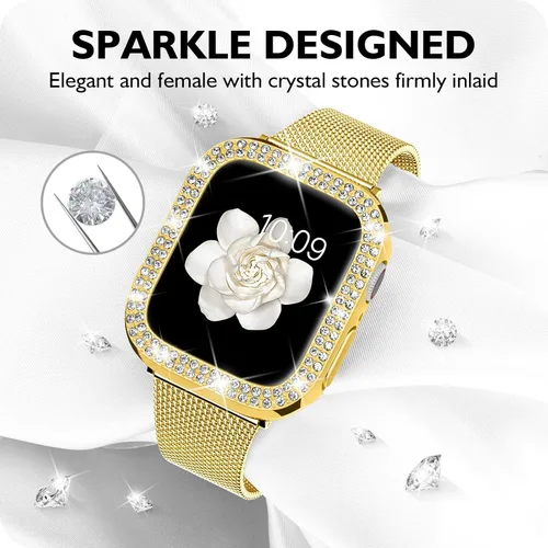 Vista 2 de DABAOZA Correa compatible con Apple Watch para mujer con parachoques, carcasa con purpurina para niñas, correa de malla de acero inoxidable