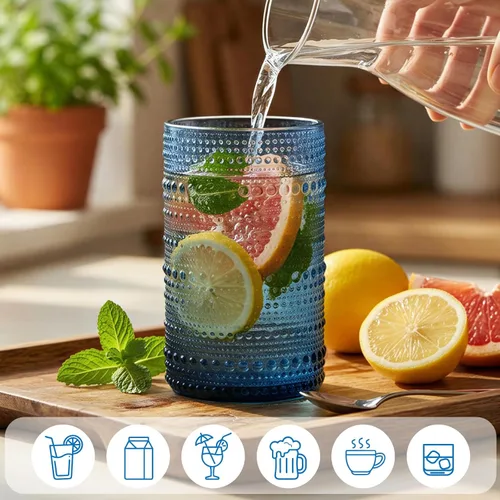 Vista 4 de Moretoes Hobnail - Juego de 6 vasos altos de 12 onzas y vasos de cóctel de 10 onzas, vasos de vidrio boho transparentes en relieve, juego
