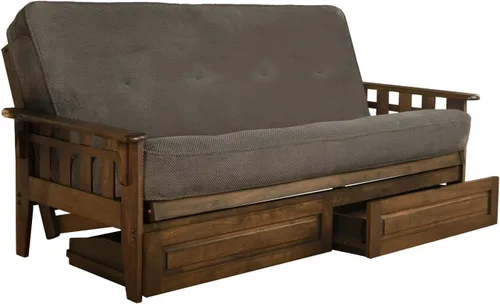 Vista 21 de FutonX - Juego de marco y colchón de nogal rústico con opción para añadir cajones, sofá cama futón de 8 pulgadas con resortes interiores de madera