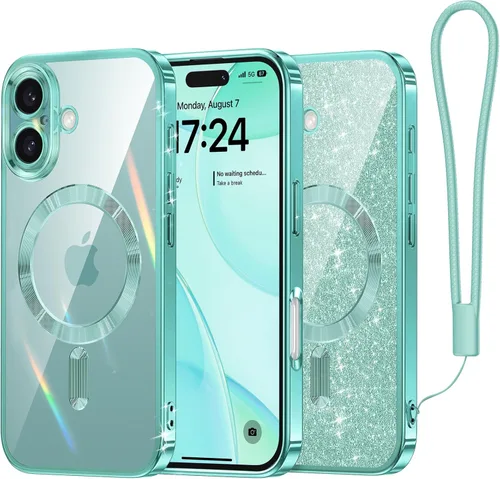 Vista 38 de Meifigno Funda diseñada para iPhone 16 de 6.1 pulgadas, [tarjeta con purpurina y correa de muñeca] [compatible con MagSafe] Protección completa