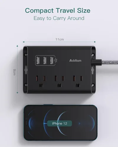 Vista 6 de Addtam Tira de alimentación con certificado ETL, cable de extensión de enchufe plano con 3 puertos USB, cable trenzado de 5 pies, regleta
