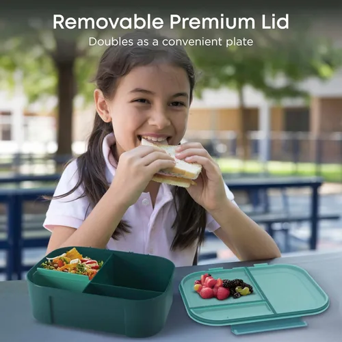 Vista 3 de KARRICO Lonchera a prueba de fugas, caja Bento de 3 compartimentos, paquete refrigerante y divisor ajustable, extra grande y sin BPA, apta para Verde