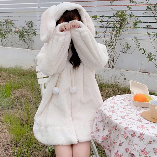 Vista 2 de Sudadera con capucha para mujer, con orejas de conejo, de manga larga, mullida, con capucha y abrigos