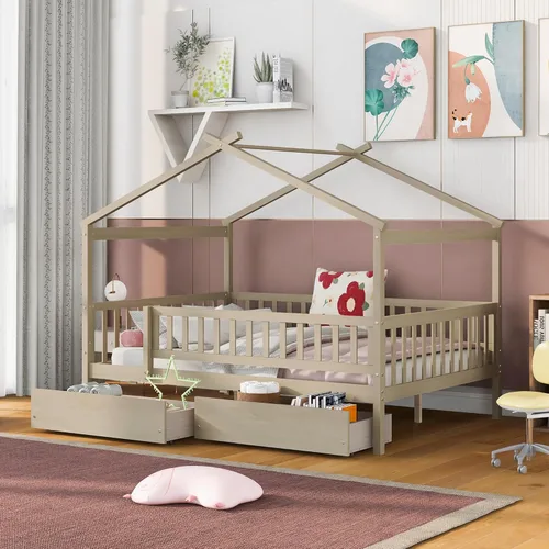 Vista 14 de Cama de madera de tamaño individual con dos cajones y techo, cama de plataforma con 2 cabeceros, para dormitorio de niños, adolescentes, niñas