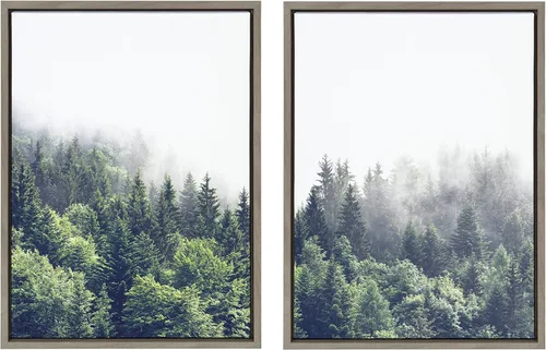 Kate and Laurel Sylvie Lush Green Forest on a Foggy Day - Juego de arte de pared en lienzo enmarcado a la izquierda y a la derecha por The Creative
