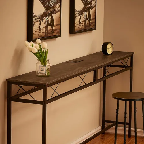 Vista 7 de VECELO Mesa de consola angosta extra larga de 71 pulgadas con estación de carga, toma de corriente y puertos USB, para entrada, sala de estar, Gris