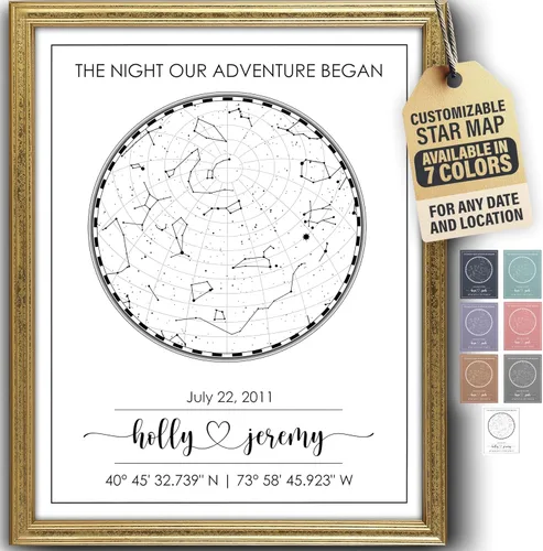 Vista 22 de Impresión artística personalizada de mapa de estrellas, totalmente personalizada (tus detalles, tamaño, color, marco), regalo para el día