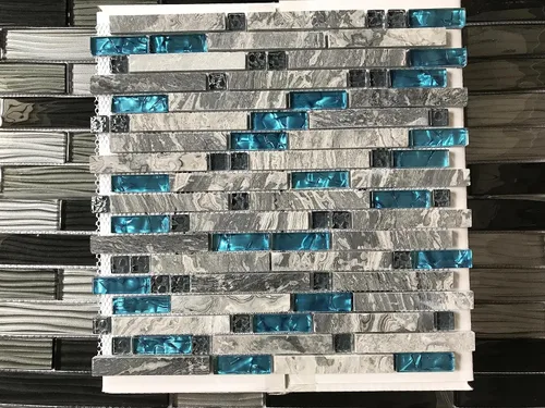 Vista 2 de Midcard 4 hojas de azulejo de mármol gris para salpicadura de cocina 30 x 30 x 6 mm, Azulejo de vidrio azul con mosaico de piedra gris para baño