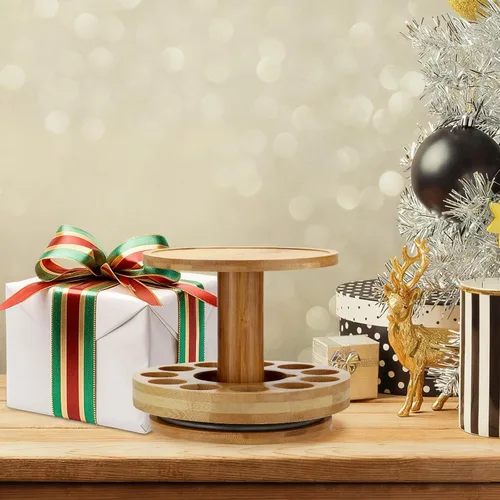 Vista 5 de TJ.MOREE Carrusel de soporte para difusor de bambú, estante de aumento de altura de 2 niveles con bandeja superior para sostener el difusor