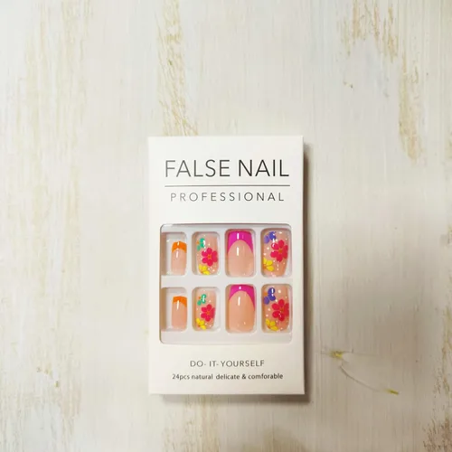 Vista 4 de Uñas postizas cuadradas a presión con punta francesa, uñas postizas a presión con diseños de flores coloridas, uñas postizas a presión de cobertura