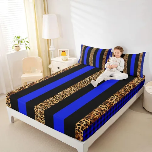 Vista 3 de Manfei Leopard Print Fitted Sheet Twin Size,Blue Brown Black Stripes Bedding Set 2pcs,Wild Animal Cheetah Skin Bed Sheets with 1 Pillowcase,Kids