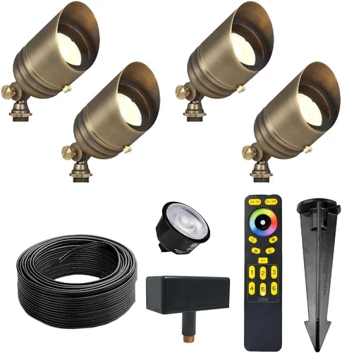 VOLT 12V Brass Color-Changing RGBCW Fat Boy LED Outdoor Spotlight 4-Pack Expansion Kit (Bronze) for Low Voltage Landscape Lighting of Yard, Lawn,