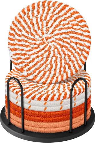 Vista 8 de Juego de posavasos Lazebox de 8 para bebidas, cerveza, café, posavasos absorbentes tejidos de algodón con soporte, posavasos boho para decoración
