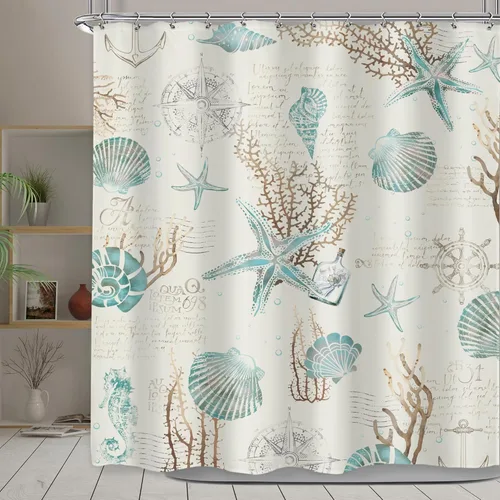 Vista 17 de Omifly - Cortina de ducha pequeña con estrellas de mar y conchas marinas, de 36 pulgadas de ancho x 72 pulgadas de alto, temática náutica