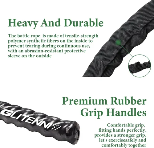 Vista 7 de Cuerdas de batalla negras para entrenamiento de 1 pulgada, cuerda de batalla para gimnasio en casa, cuerdas de ejercicio de 30 pies para entrenar