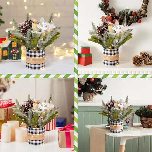 Vista 5 de Árbol de Navidad pequeño de mesa con luces, mini decoración de árbol de Navidad con renos, conos de pino, bayas, hojas de cordero y adornos