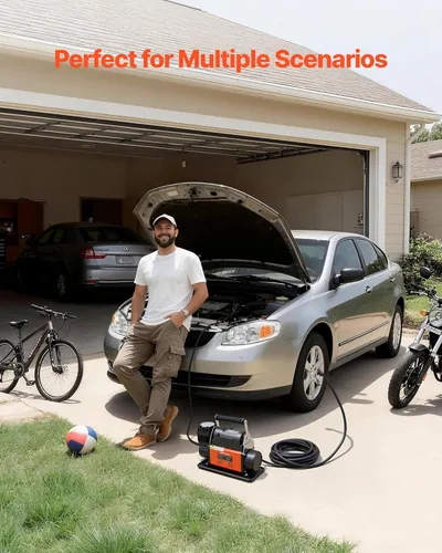 Vista 6 de VEVOR Compresor de aire de 12V de servicio pesado, inflador de neumáticos portátil con parada automática y pantalla LCD digital, bomba de aire todo