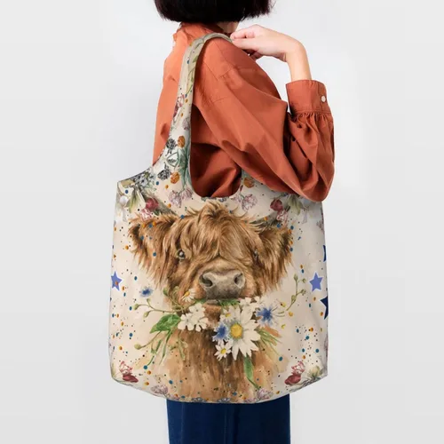 Vista 6 de Bolsa de mano Highland Cow Tote Bag Bolso de hombro para mujer, bolsas reutilizables para comestibles, lavables, Negro