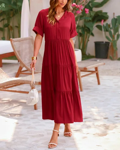 Vista 7 de dowerme Vestidos de verano para mujer, casual, manga corta, con botones, ajuste holgado, plisado, bohemio, fluido, vestido largo para playa