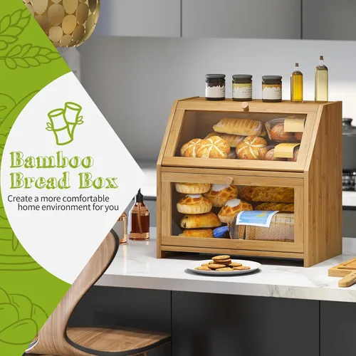 Vista 2 de BMOSU Panera con tabla de cortar, organizador de almacenamiento de pan de cocina, encimera de granja, caja de pan doble de madera de bambú (natural)