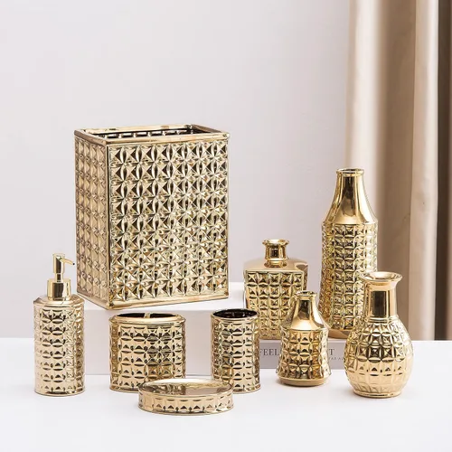 Vista 7 de Basurero para baño, pequeño bote de basura de oficina para cocina, cubo de basura rectangular delgado, cerámica, dorado