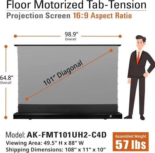 Vista 7 de Akia Screens CineGrey 4D AK-FMT101UH2-C4D - Pantalla de proyector de suelo de 101 pulgadas motorizada con control remoto, pantalla de proyector ALR