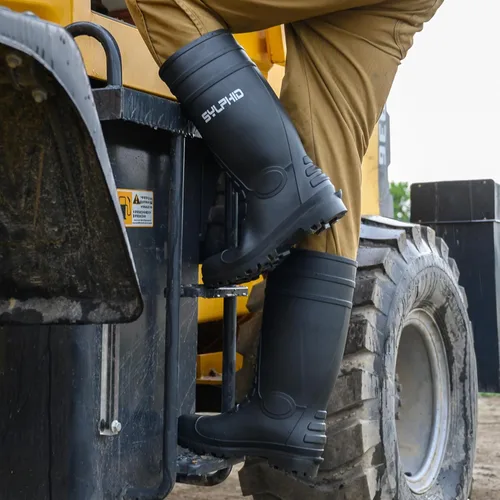 Vista 6 de SYLPHID Botas de trabajo de goma de PVC para hombres, botas de lluvia impermeables para hombres con punta de acero, vástago de acero, botas