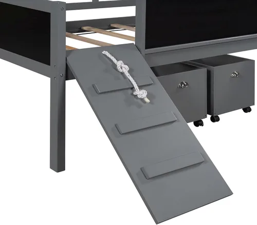 Vista 5 de Harper & Bright Designs Cama tipo loft para niños con tobogán, marco de cama baja de madera de tamaño individual con dos cajas de almacenamiento