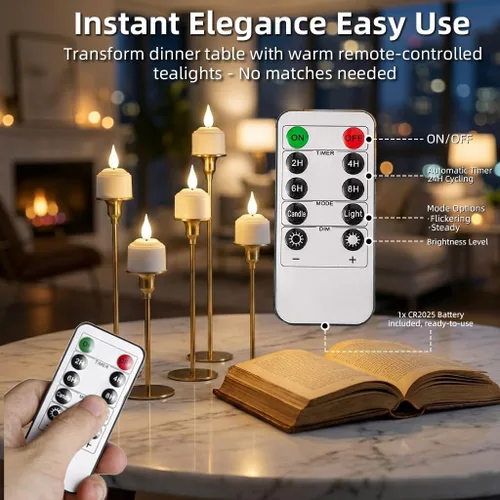 Vista 6 de NICEME Velas de té recargables sin llama con estación de carga, 6 velas LED que funcionan con pilas, velas votivas eléctricas parpadeantes para mesa