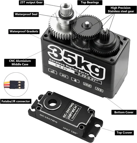 Vista 3 de GOTECK - Servo digital sin núcleo de 77.2 lbs, gran par de 8.4 V, engranaje de metal completo IP67, servo de dirección impermeable con servo bocina