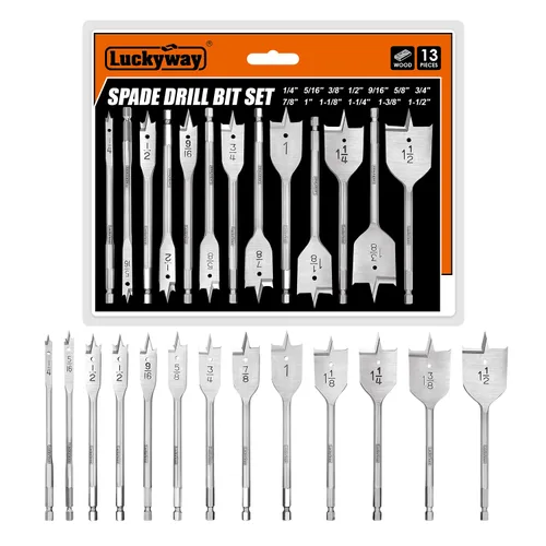 Luckyway Juego de brocas de pala, brocas planas de paleta de 1/4 a 1-1/2 pulgadas para madera, plástico, corte de agujeros de aluminio, 13 piezas