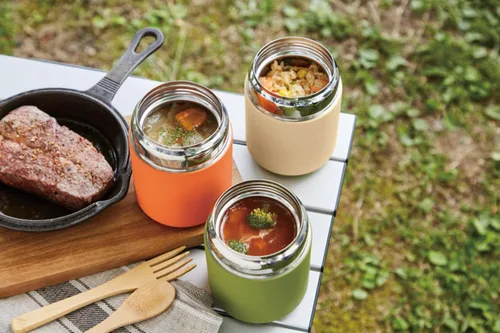 Vista 3 de CAMPS Insulated Food Jar, Stainless Steel, Soup Bottle, 10.1 fl oz (300 ml), Orange, Beige, Green