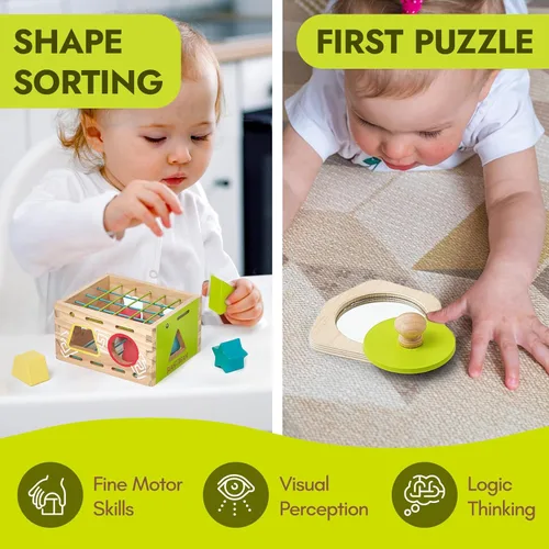 Vista 4 de Giant bean Juguetes Montessori para bebé, 6 en 1, juguetes de aprendizaje de educación temprana de madera con dentición sensorial, caja