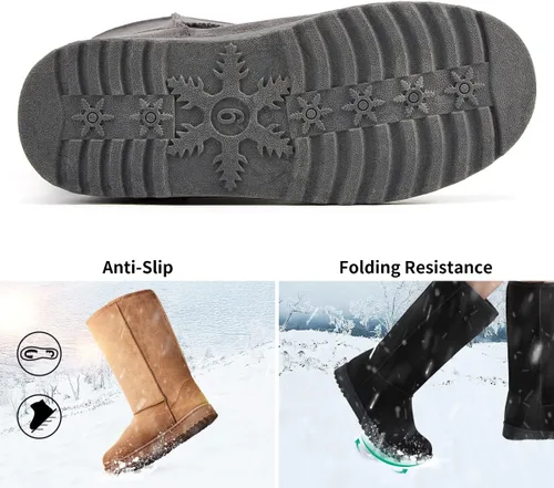 Vista 5 de Botas clásicas ZGR de mujer para la nieve, para invierno, botas cálidas, con forro de pelo, hasta mitad de la pantorrilla, de ante de vaca, botas