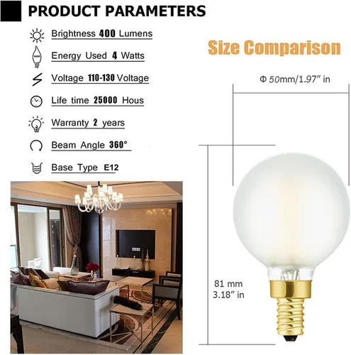 Vista 4 de Bombillas LED de candelabro esmeriladas, bombillas LED E12 Edison E12, 4 W igual a 40 W, 400 lúmenes, blanco cálido de 2700 K, bombilla de globo