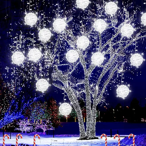 Vista 12 de Luces de Bolas de Navidad para Exteriores, Luces de Árbol Impermeables, Paquete de 4 Luces LED Colgantes de Globo Esfera de 7.87" con 8 Modos