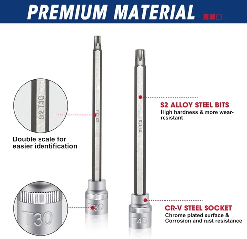 Vista 3 de RIZOM Juego de 15 piezas de enchufes de brocas Torx de 3/8" de transmisión extra larga, T10-T60 Juego de enchufes de brocas de estrella, acero CR-V