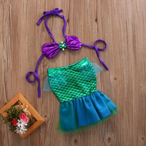 Vista 3 de Traje de bikini de dos piezas con cuello de sirena colgante de concha de perla y cuello halter + tul patchwork cola de sirena trajes