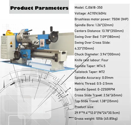 Vista 5 de Torno de metal de sobremesa de 7 "* 14", torno de metal de precisión de hilos métricos, mini torno 750W motor sin escobillas, velocidad variable
