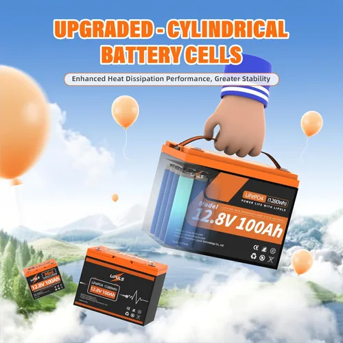 Vista 3 de Batería de litio LiFePO4 de 12 V 100 Ah, batería de litio grupo 24 integrada BMS de 100 A y celdas de grado A, 15000 ciclos, energía máxima de 1280