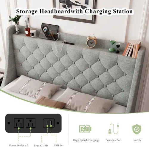 Vista 5 de Feonase - Base de cama tamaño Queen con 4 cajones de almacenamiento, cama tapizada con estación de carga, cabecera tapizada con respaldo abatido,